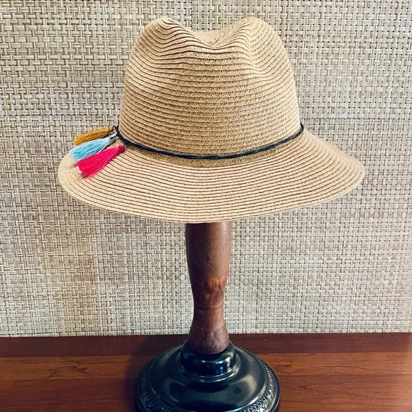 ?2xHPHP?NWOT Bohemian Tassel Paper Straw Fedora by Sonoma OSFM Sophia | Young Girl Paper Braid Fedora Hat | HK502 main image 2